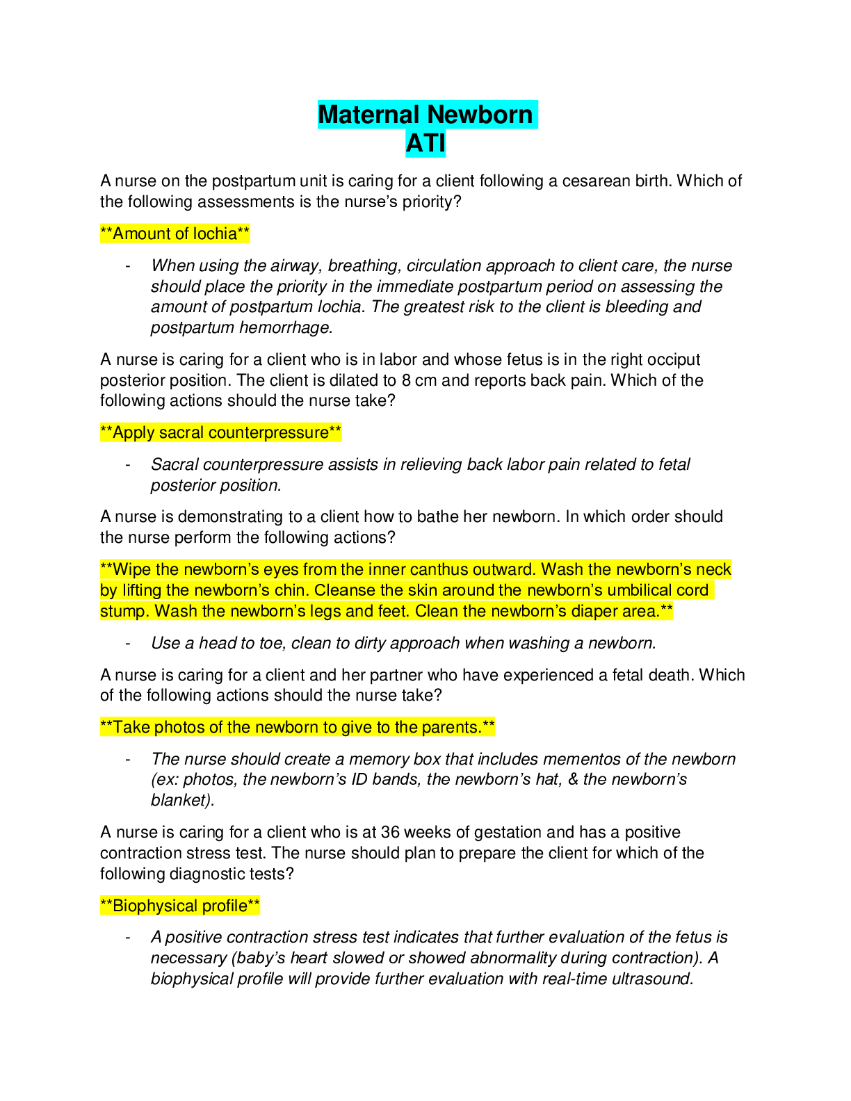 Preview of Maternal Newborn ATI - Questions, Answers and Rationales